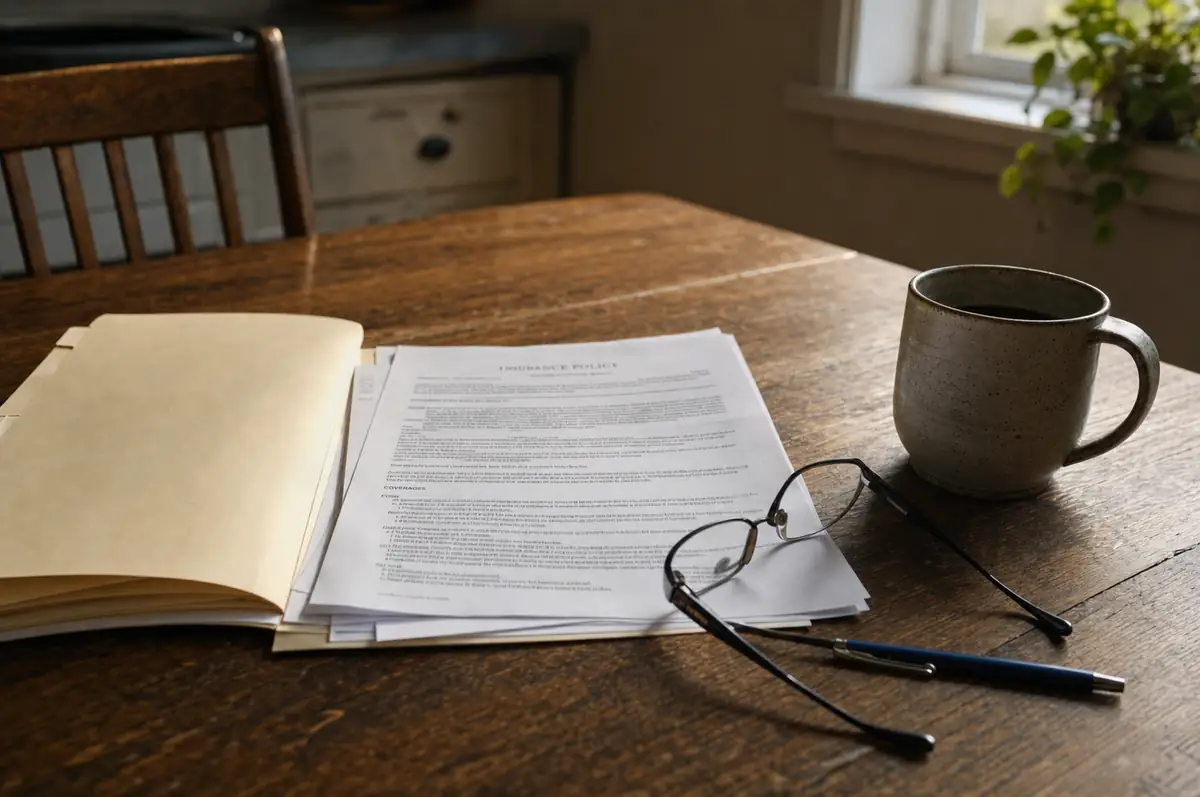 An open folder of insurance paperwork, reading glasses and a coffee mug on a kitchen table in morning light.